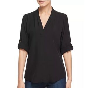 Calvin Klein v-neck roll sleeve pullover top - black Sz L EUC